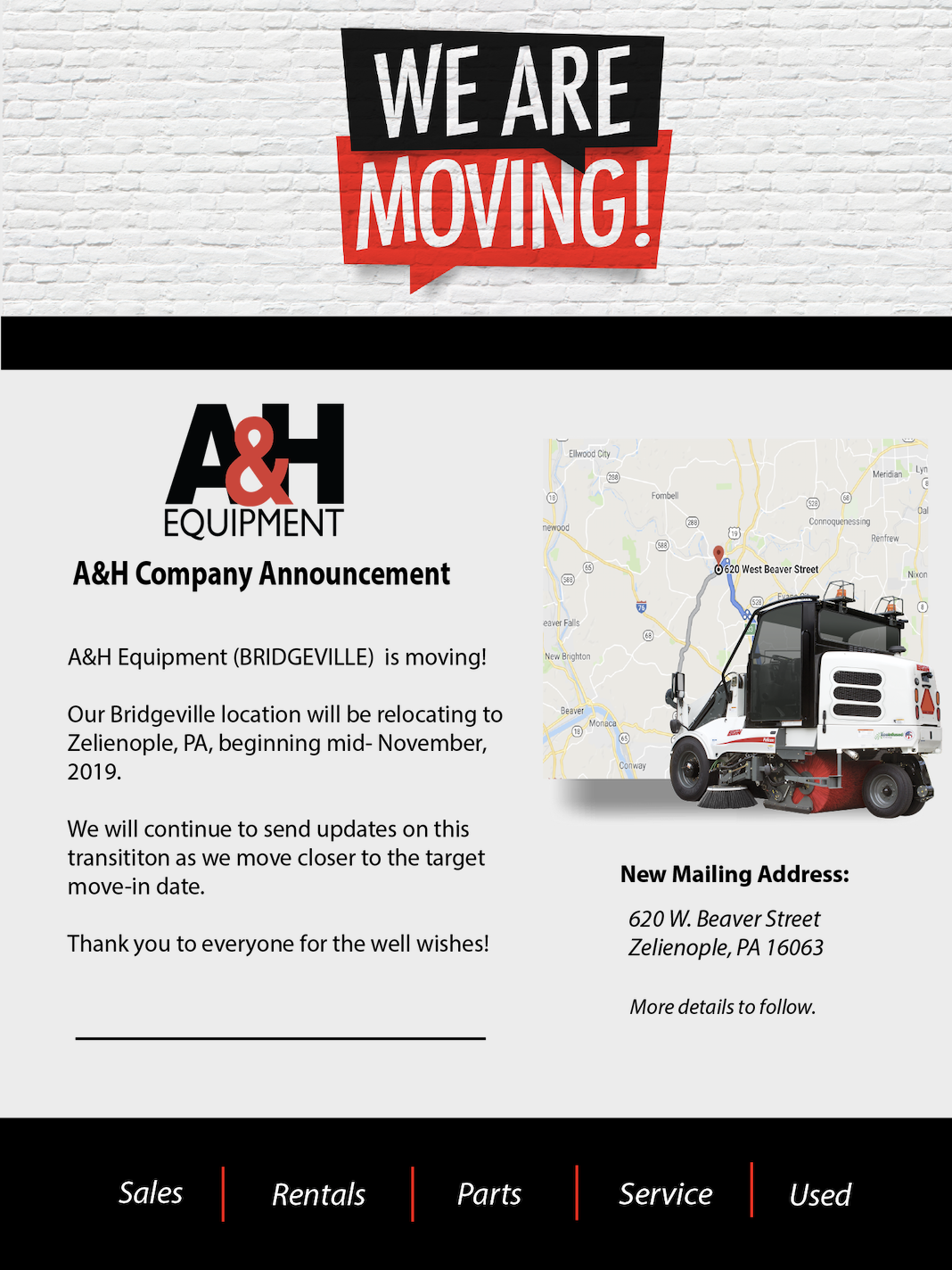 A&H EQUIPMENT IS MOVING (BRIDGEVILLE LOCATION)